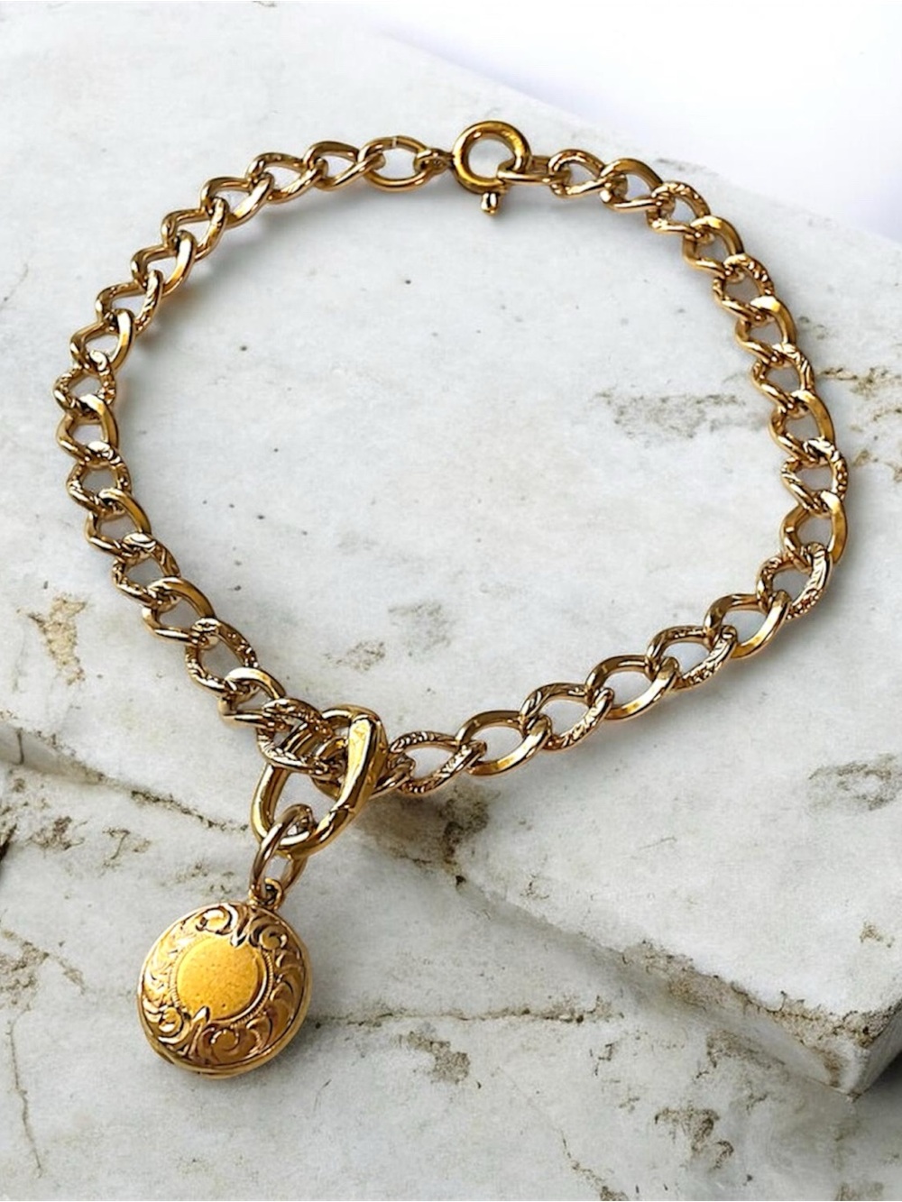Vintage Gold Filled Etched Chain Link Locket Bracelet 7”